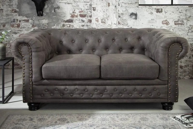 Canapea clasica stil englezesc Chesterfield II 2 locuri, vintage gri taupe