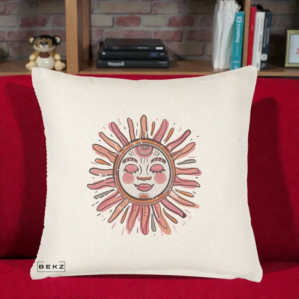 Perna Decorativa Soare Roz Tribal, 40x40 cm, Crem Reliefat, Husa Detasabila, Perna Inclusa, BEKZ®