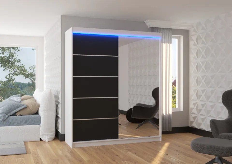 Dulap cu usi glisante si oglinda + iluminare LED, Caro 180 + LED, 180 cmx200 cmx58 cm, ADRK Furniture (Culoare: Sonoma / Alb)