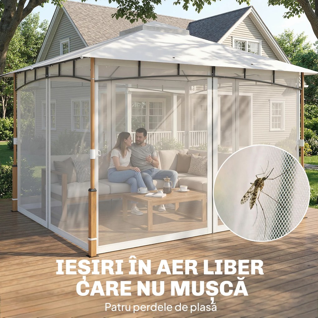 Outsunny Foișor 3 x 3.6 m, Acoperiș Dublu UPF50+ cu Plasă, Crem | Aosom Romania