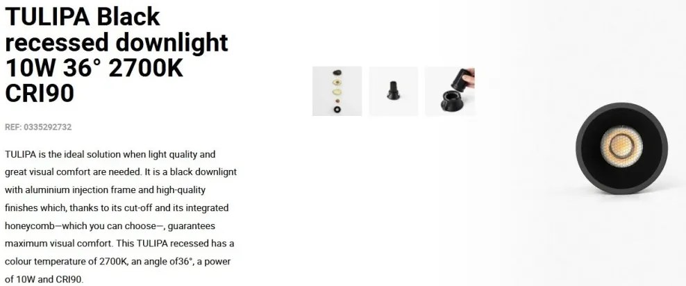Spot LED incastrabil TULIPA Black recessed downlight 10W 36° 2700K CRI90