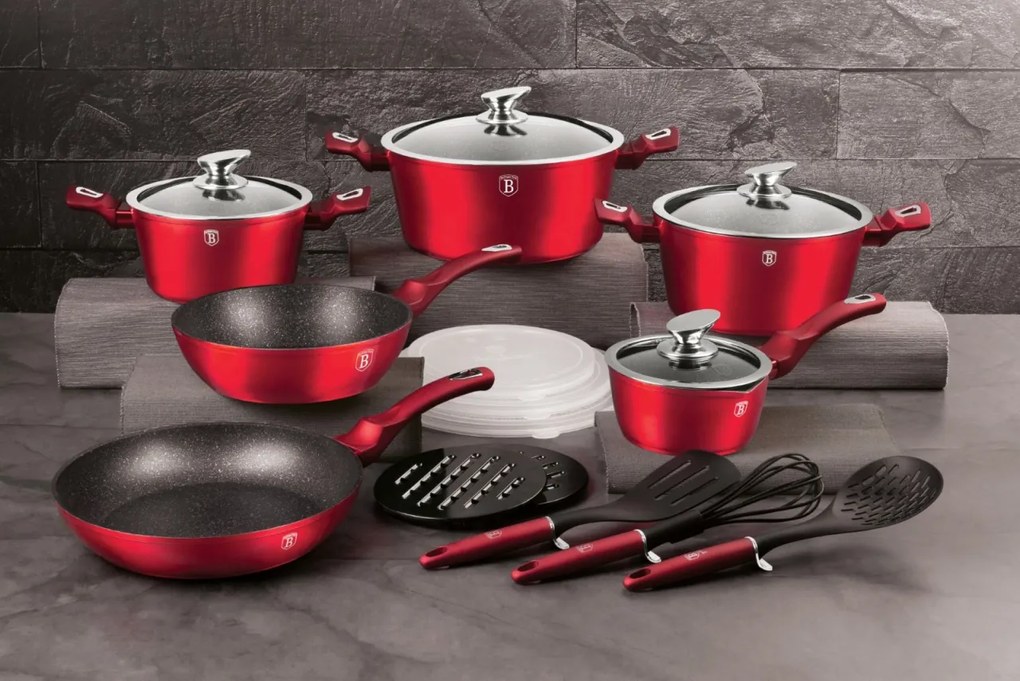 Set de oale si tigai cu capace, marmorate, 18 piese Burgundy Metalic Line Berlinger Haus BH 7035