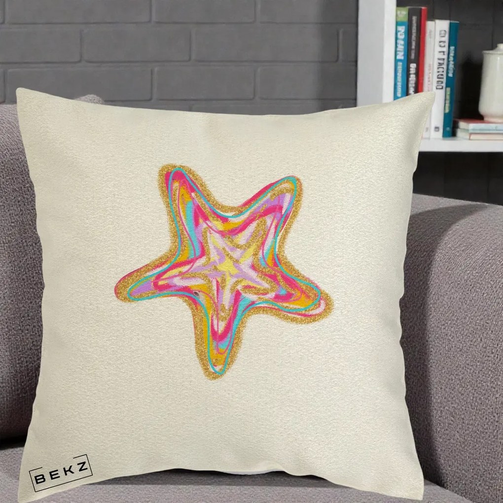 Perna Decorativa Stea de Mare Neon Curcubeu, 40x40 cm, Ecru, Husa Detasabila, Perna Inclusa, BEKZ®