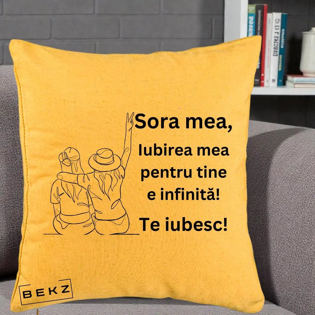Cadou pentru Sora - Perna Personalizata Sora Mea Te Iubesc Line Art Portrete Colorate, 40x40 cm, Galben, Husa Detasabila, Perna Inclusa, BEKZ®