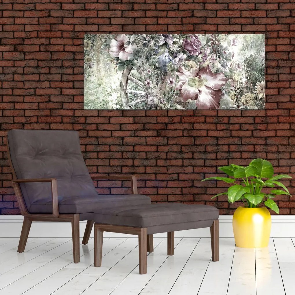 Tablou - Flori pe roata de lemn (120x50 cm)