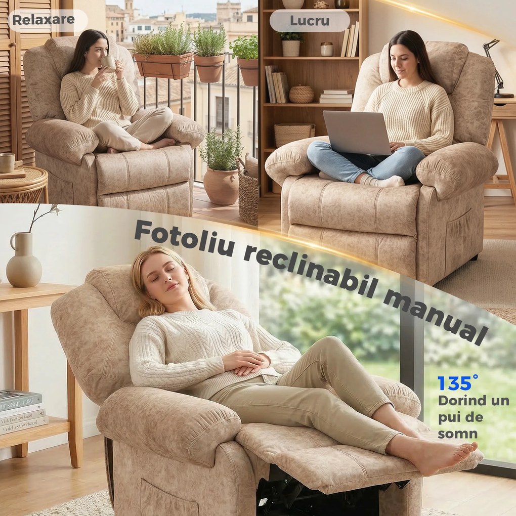 HOMCOM Fotoliu cu Înclinare Manuală Tapițat cu Suport Retractabil pentru Picioare și Buzunare Laterale, 88x91x108 cm, Bej | Aosom Romania
