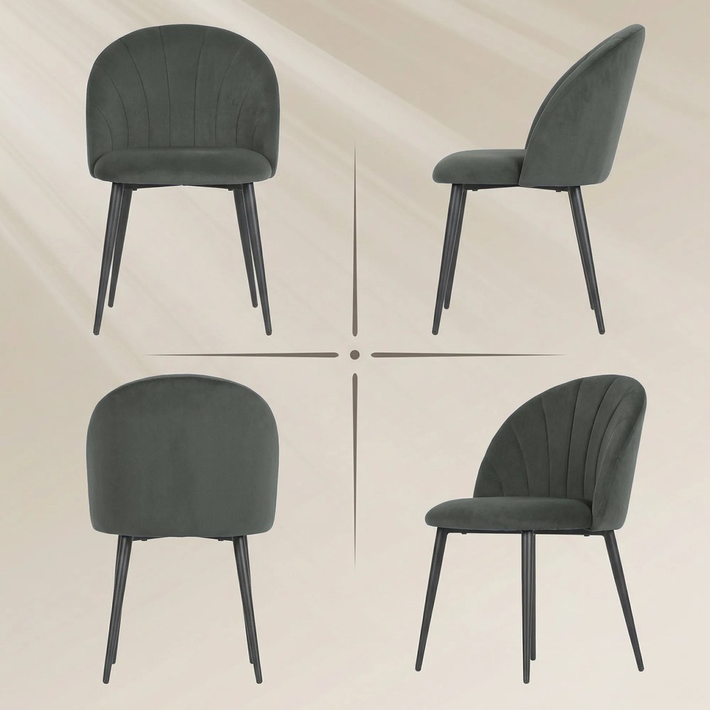 HOMCOM Set de 2 Scaune de Sufragerie din Catifea, Scaune de Bucătărie cu Spătar Curbat în Formă de Scoică, Picioare din Oțel, Stil Nordic, Scaune Tapițate pentru Bucătărie, Dormitor, Living, Gri | Aosom Romania