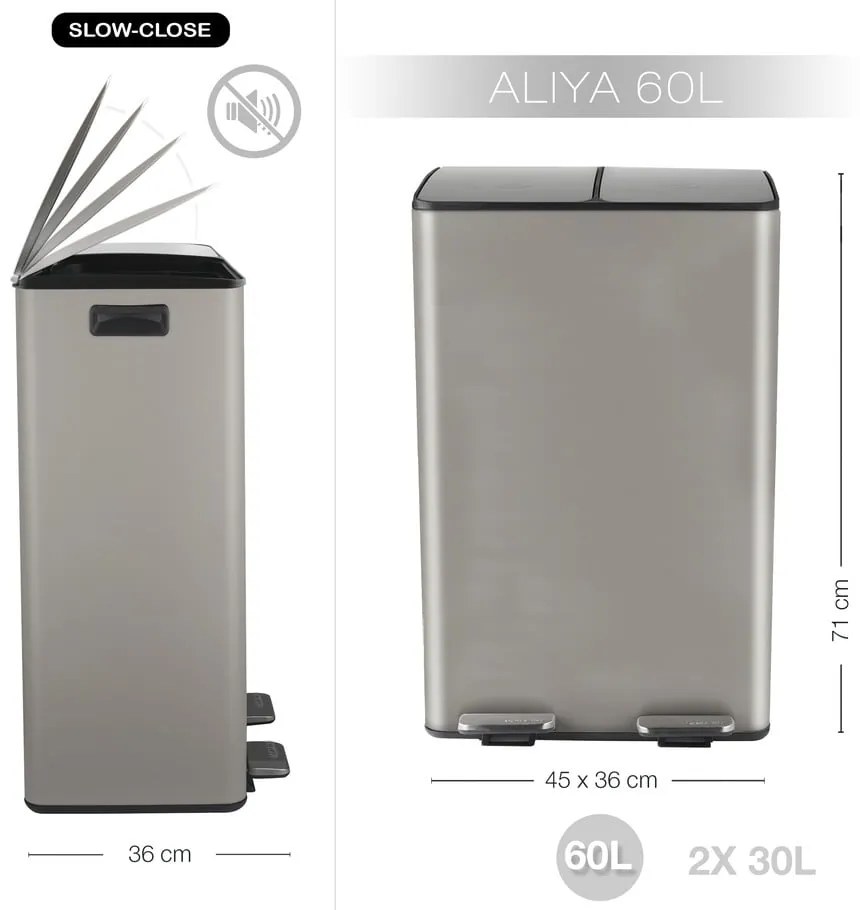 Coș de gunoi taupe pentru reciclare/cu pedală 2x30 l din oțel Aliya – Spirella