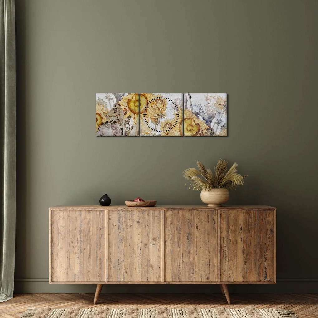 Tablou - Floarea-soarelui pe perete (cu ceas) (90x30 cm)