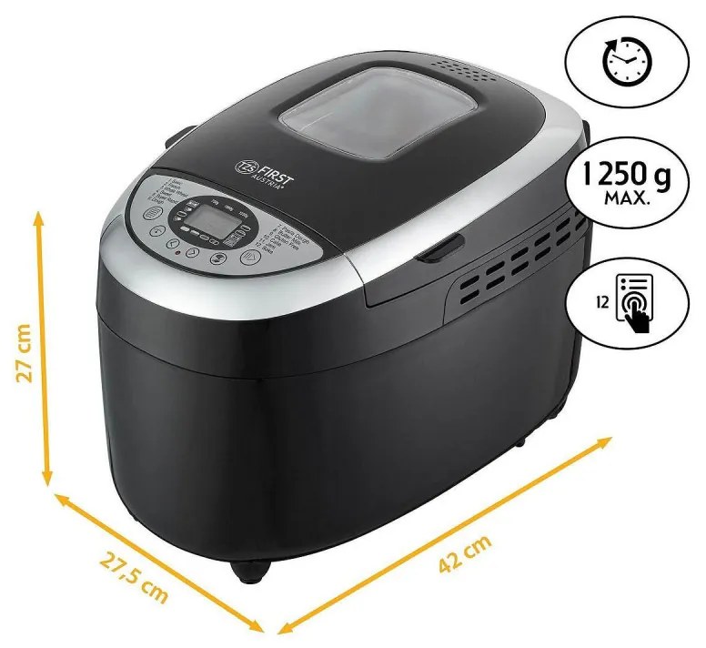 Masina de facut paine FIRST FA-5152-3-BA, 850W, 1.25 kg, 12 programe, Timer, Acoperire antiaderenta, Negru/inox