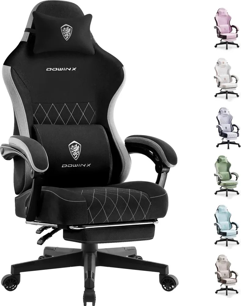 DOWINX 6650F - Scaun Gaming Ergonomic, Masaj in perna lombara, Șezut cu Arcuri Metalice și Spumă, Suport pentru picioare, Rabatabil 90°–135°, Rezistent 136 kg, Material textil, Negru
