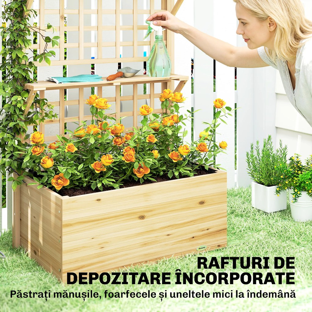 Outsunny Strat Înălțat din Lemn cu Suport și Acoperiș, Fiorieră Elevată pentru Exterior cu 2 Rafturi, Orificiu de Drenare și Material Textil pentru Plante Cățărătoare, Legume și Flori, Natural | Aosom Romania