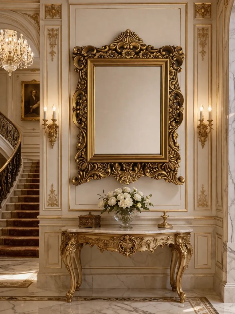 Oglindă decorativă de perete, ramă aurie antichizată, 64 × 84 cm