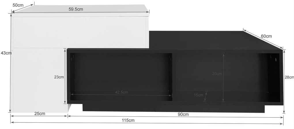 Măsuță de Cafea Combinată cu Funcție de Ridicare, Reglabilă pe Înălțime cu Rafturi Ascunse, 59,5x43x50 cm + 90x60x28 cm, Negru