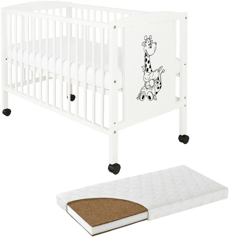 Patut din lemn masiv 120x60 cm Bria alb cu roti si saltea cocos LUX 120x60x12 cm, reglabil pe 3 nivele, certificat EN71