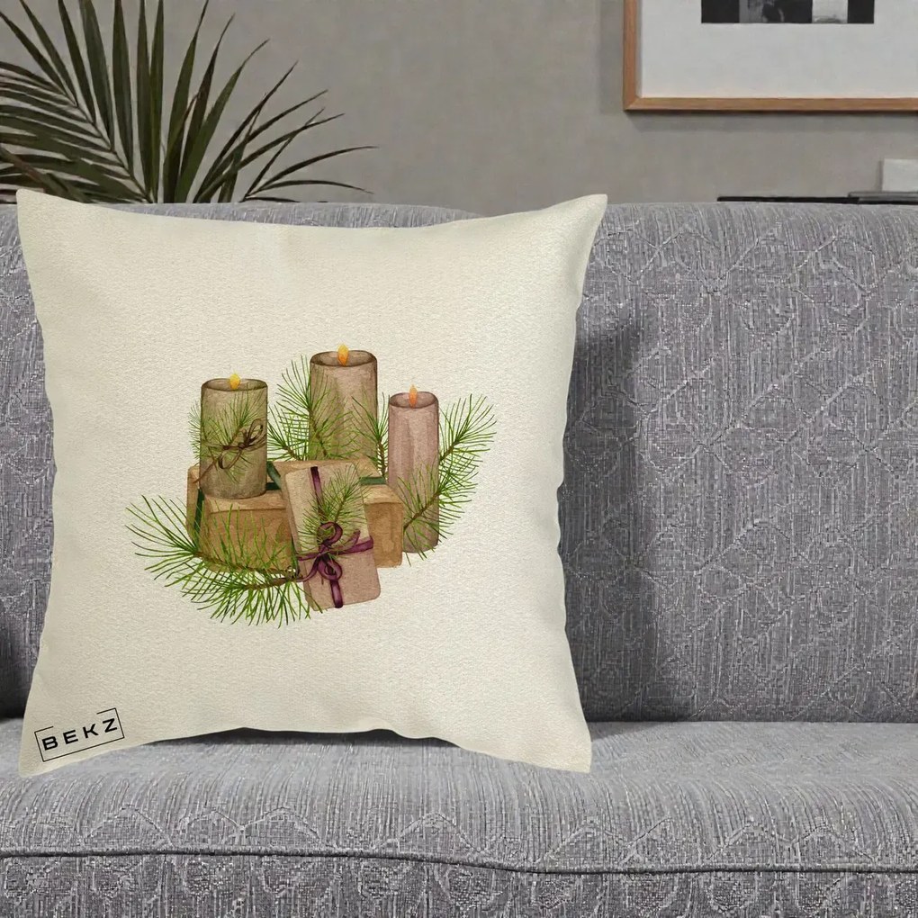 Perna Decorativa Lumanari cu Cadouri Naturale, 40x40 cm, Ecru, Husa Detasabila, Perna Inclusa, BEKZ®