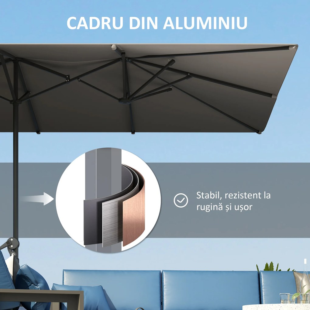 Outsunny Umbrelă Dublă de Grădină cu Manivelă și 12 Spițe din Aluminiu și Poliester, 4.5x2.6 m, Gri Închis | Aosom Romania