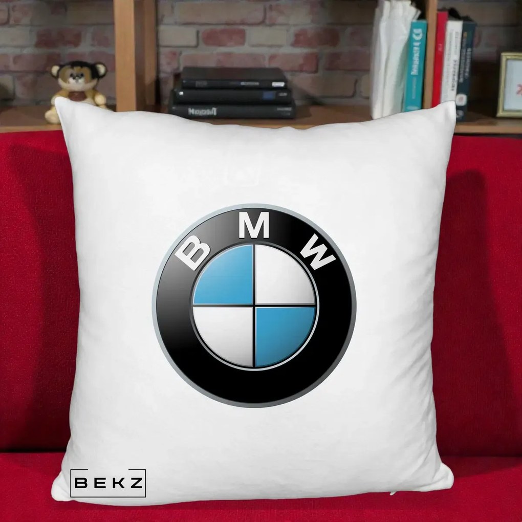 Perna Personalizata cu emblema BMW, 40x40 cm, Alb Pufos, Husa Detasabila, Perna Inclusa, BEKZ®