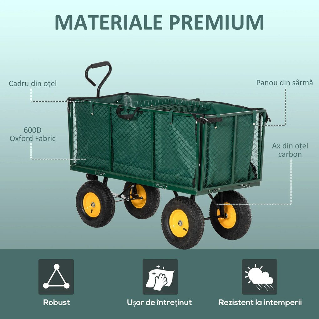 Outsunny Cărucior Grădină Oțel, Capacitate Mare 342L, Verde | Aosom Romania