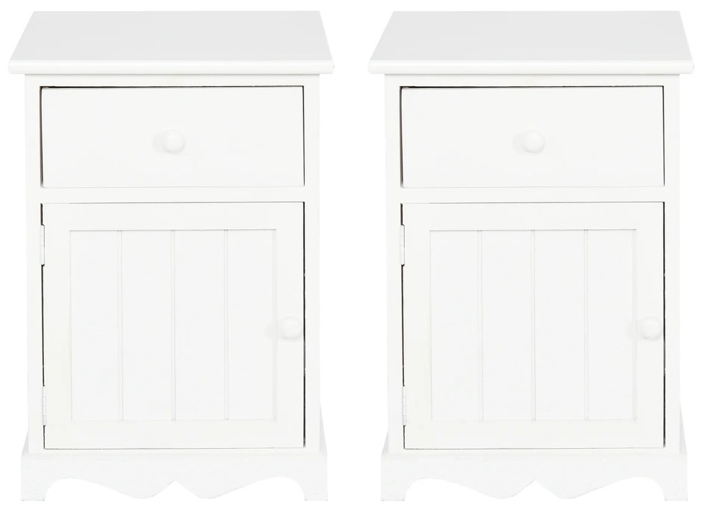 HOMCOM Set Noptiera cu 2 piese din Lemn cu Sertar si Dulap Design Retrò, 35x30x49cm Culoarea Alba | AOSOM.ro