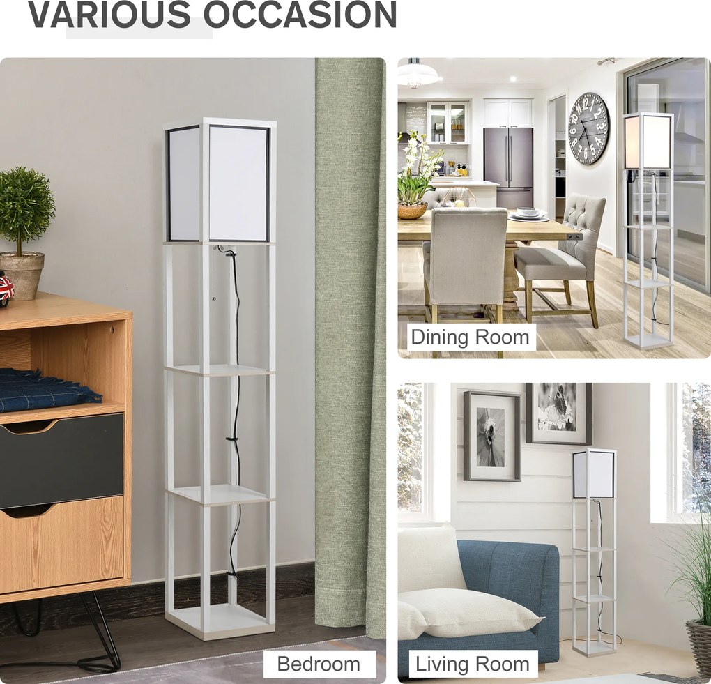 HOMCOM Lampă de Podea 40W cu 3 Rafturi Integrate și Comutator de Picior, Lampă Modernă din MDF și Acrilic, 26x26x160 cm, Alb | Aosom Romania