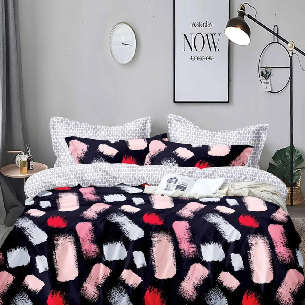 Lenjerie de pat cu 2 fete, policoton, pat 2 persoane, 4 piese, negru / roz, R4-541