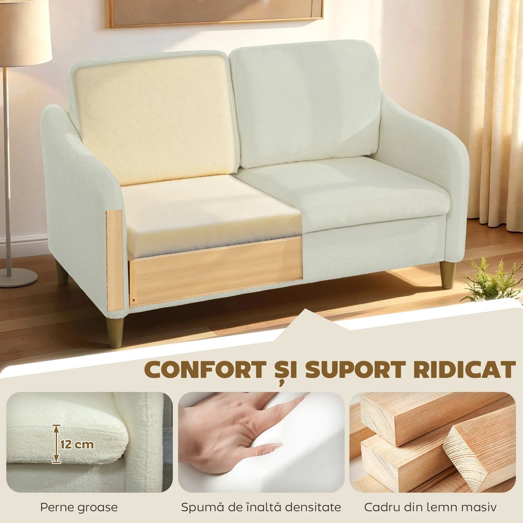 HOMCOM Divan 2 Locuri Imbottit în Sherpa cu Perne Detașabile, Picioare din Lemn de Eucalipt, Design Compact pentru Living, 137x69x82 cm, Crem | Aosom Romania