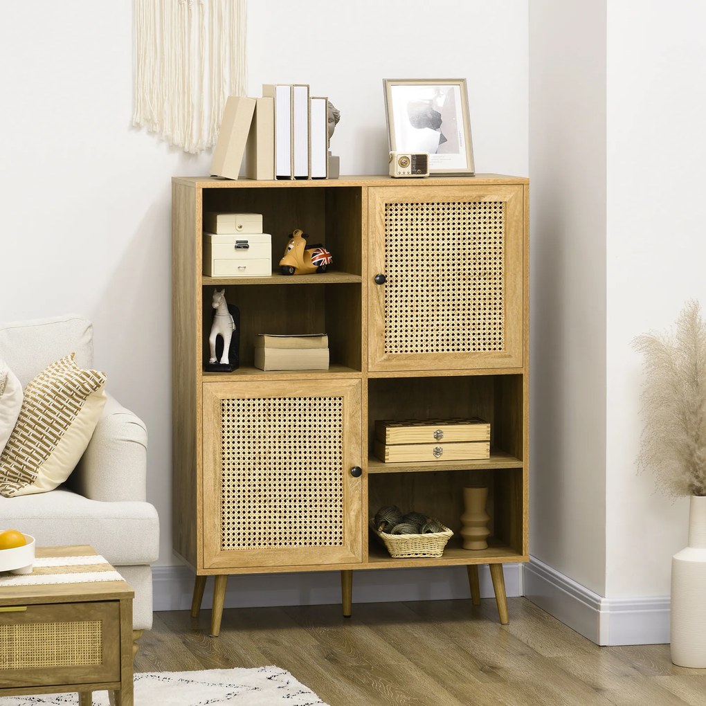 HOMCOM Bufet mobilier de depozitare dulap înalt aspect lemn și răchită design 2 uși - dim. 90L x 32,5l x 120Î cm | Aosom Romania