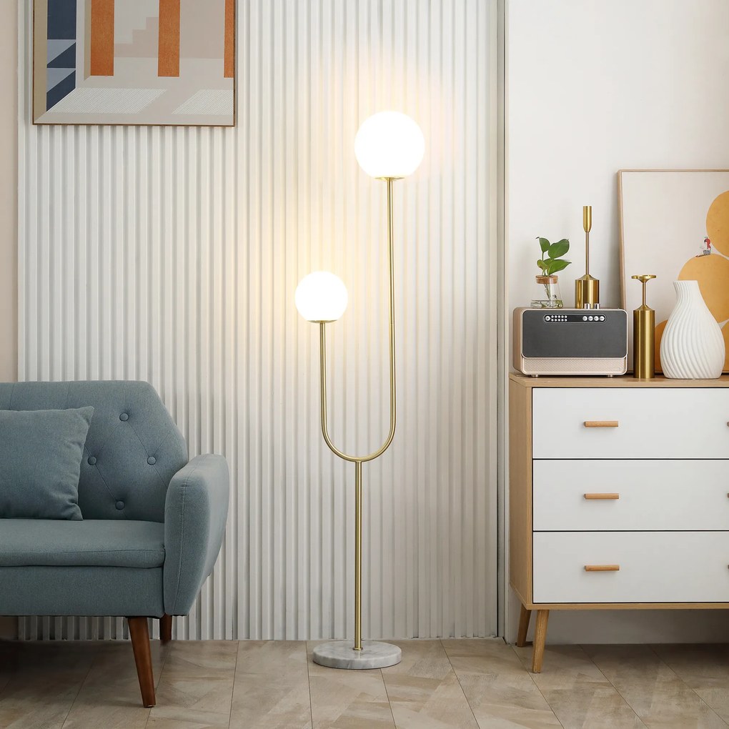 HOMCOM Lampadar metal Lampadar de podea salon auriu cu 2 capete abajur globe alb sticlă mată, 25W, 33 x 25 x 155,5 cm | Aosom Romania