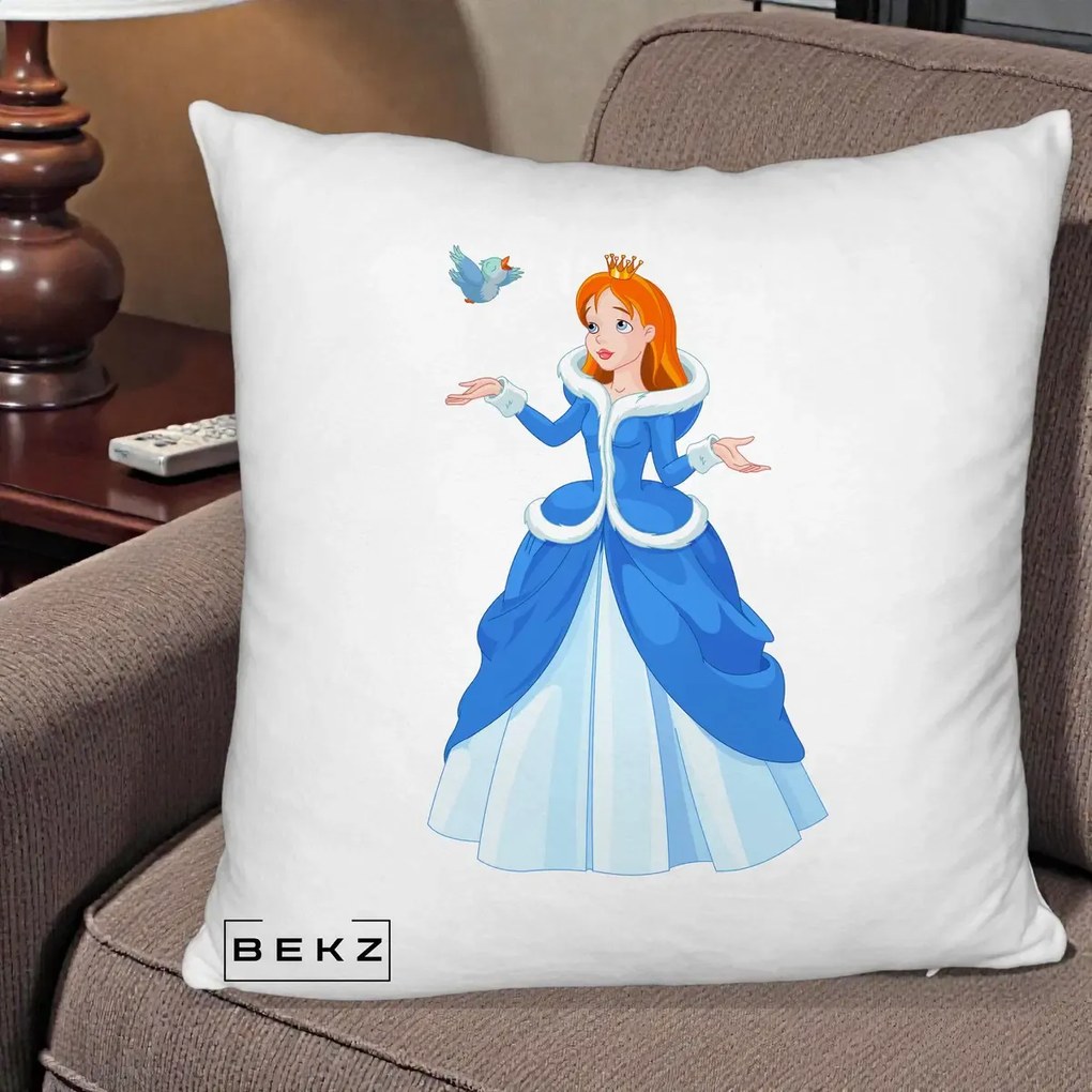 Perna Personalizata Printesa Albastra cu Pasare, 40x40 cm, Alb Pufos, Husa Detasabila, Perna Inclusa, BEKZ®
