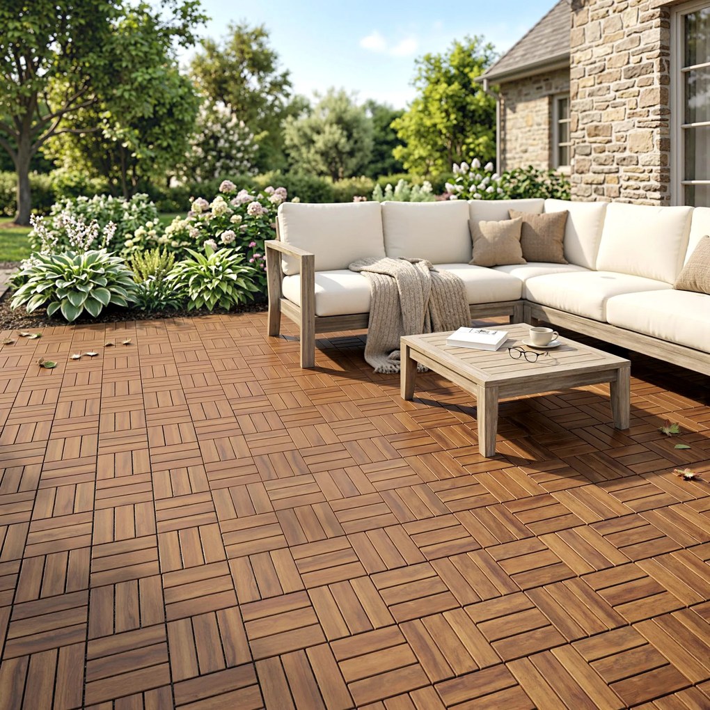 Outsunny Set de 10 bucăți Plăci exterioare din lemn 31x31 cm 0,91 m² Pardoseală grădină exterioară Antiderapante Maro închis | Aosom Romania