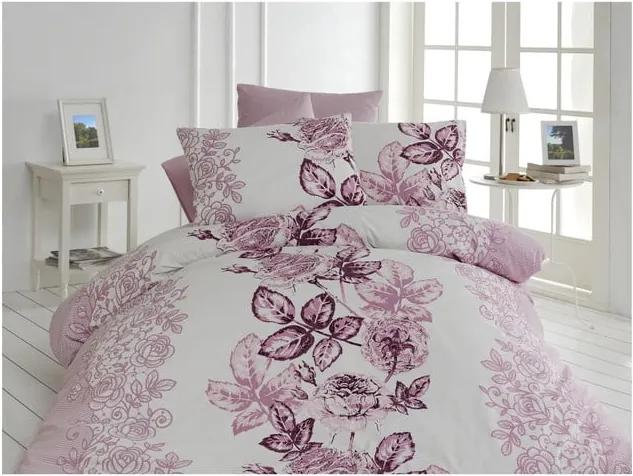 Lenjerie de pat cu cearșaf din bumbac Lamer, 200 x 220 cm, violet - alb
