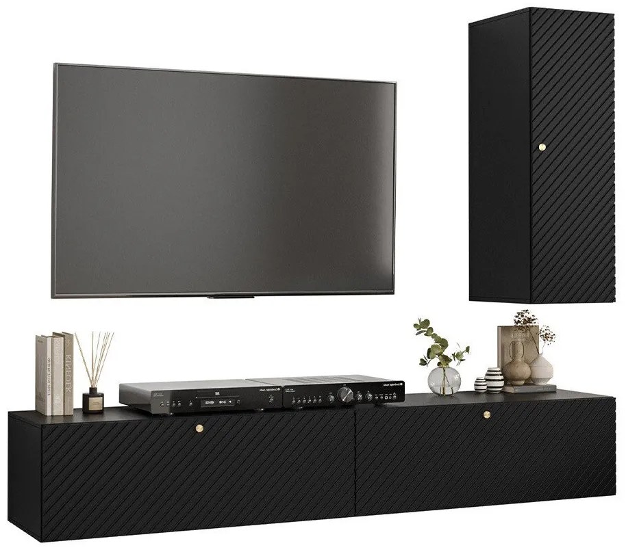 Set camera de zi Hartford H118Negru, Cu comodă TV, Cu componente suplimentare, Părți separate, MDF, PAL laminat, 200x40cm, 36 kg