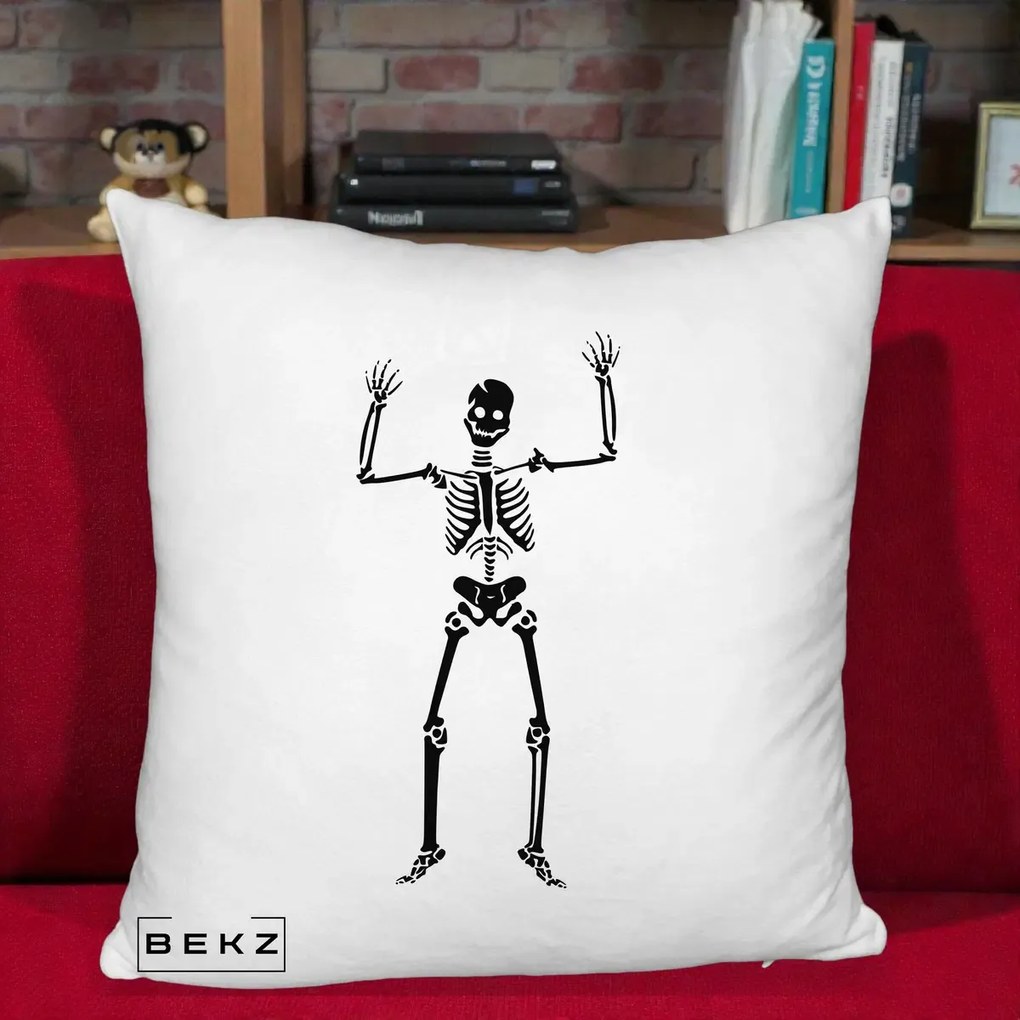 Perna Decorativa Halloween Schelet Dansator, 40x40 cm, Alb Pufos, Husa Detasabila, Perna Inclusa, BEKZ®