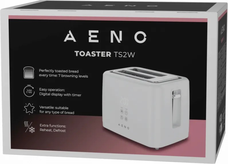 Prăjitor de pâine AENO ATS0002W, 930 W, 7 trepte, comandă tactilă, temporizator invers, protecție împotriva blocării, silențios, alb