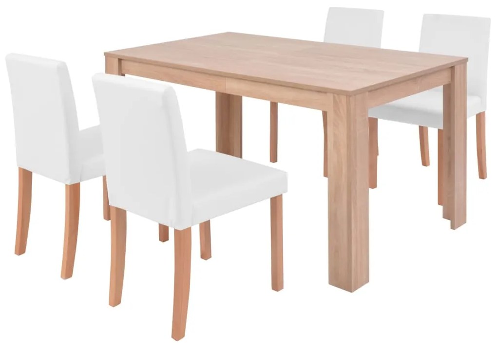 243528 vidaXL Masă și scaune 5 piese, piele artificială, stejar, crem