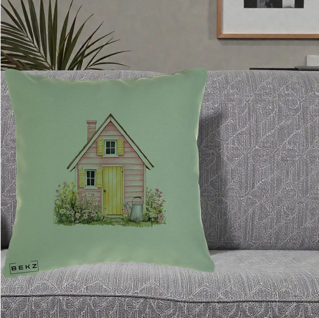 Perna Decorativa Casuta Roz Acuarela cu Gradina, 40x40 cm, Verde, Husa Detasabila, Perna Inclusa, BEKZ®
