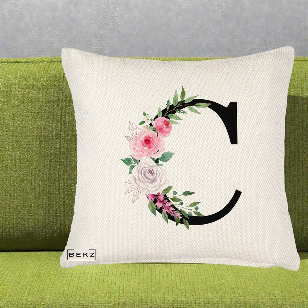 Cadou Personalizat - Perna Personalizata Monograma Florala Litera C, 40x40 cm, Crem Reliefat, Husa Detasabila, Perna Inclusa, BEKZ®