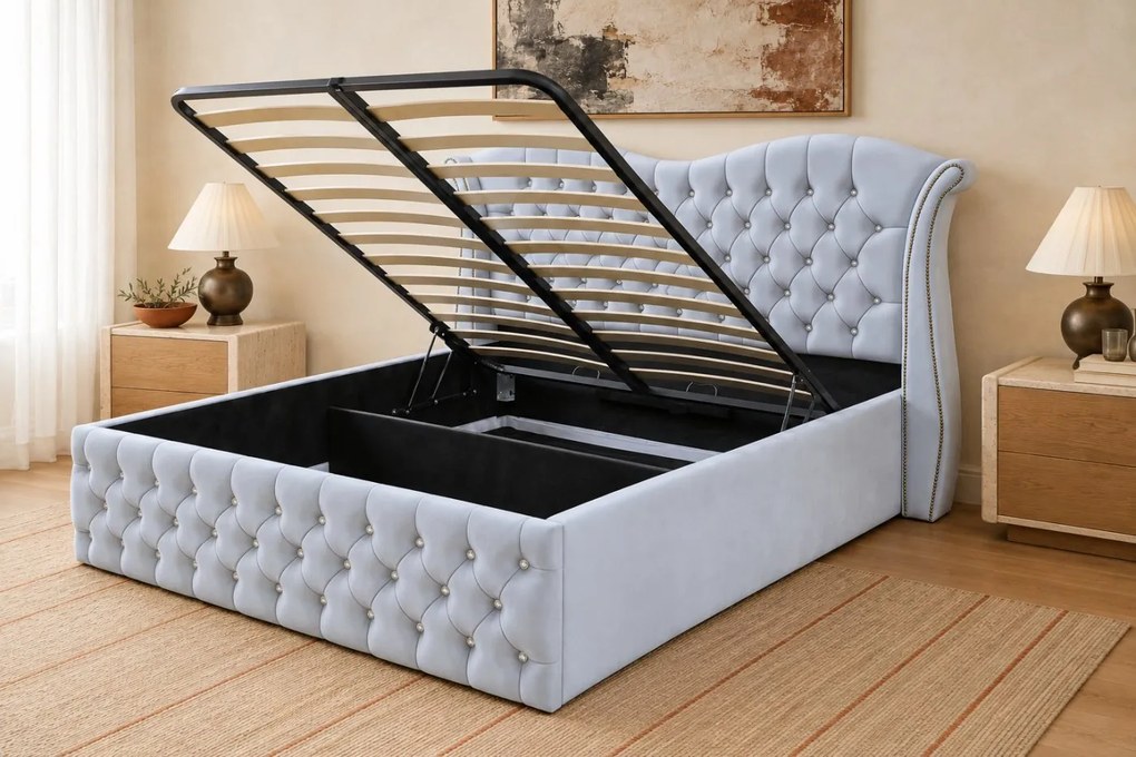 Pat tapițat Chesterfield Avella 140×200 cm, gri deschis, cu ladă de depozitare