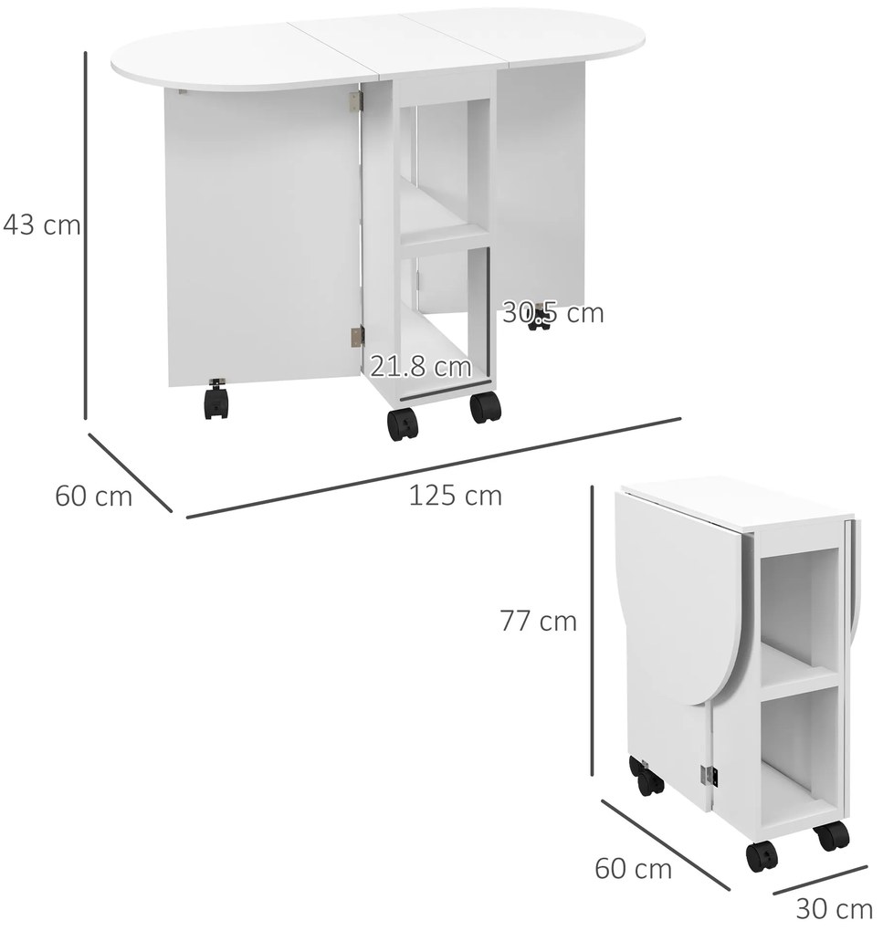 HOMCOM Masă de Comedor Plegable cu Ruedas Masă de Cocina cu Alas Abatibles și 2 Rafturi Deschise 120x60x77 cm Alb | Aosom Romania