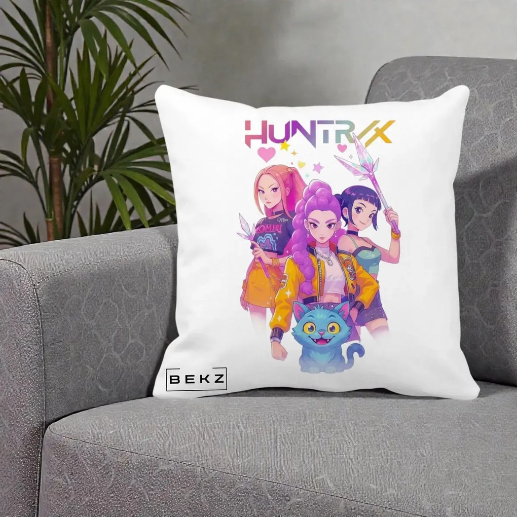 Perna Personalizata K-pop HUNTRX Trio Foto cu Pisica, 40x40 cm, Alba Mata, Husa Detasabila, Perna Inclusa, BEKZ®