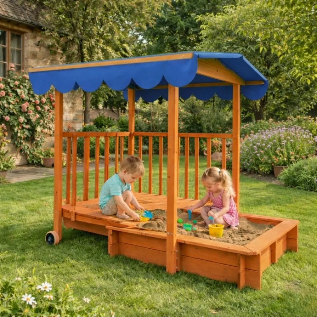 Groapa cu nisip cu verandă HAPPY, 130x130x143cm, maro/albastru Jurhan