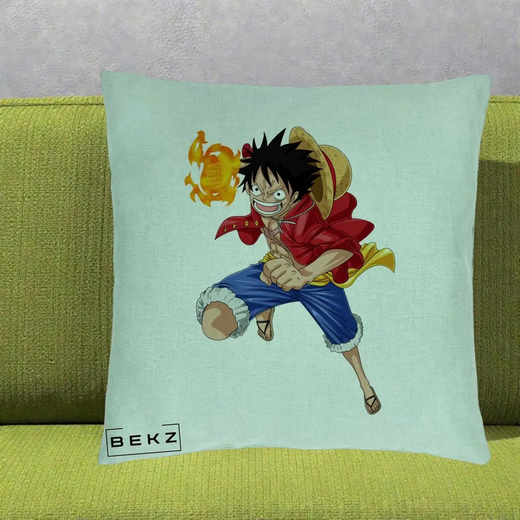 Perna Personalizata One Piece Luffy Gear Second Foc, 40x40 cm, Verde Menta, Husa Detasabila, Perna Inclusa, BEKZ®