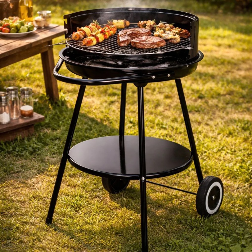 Grătar BBQ cu cărbuni, rotund Ø51 cm, cu roți și raft inferior, înălțime 82 cm, pentru grădină și outdoor