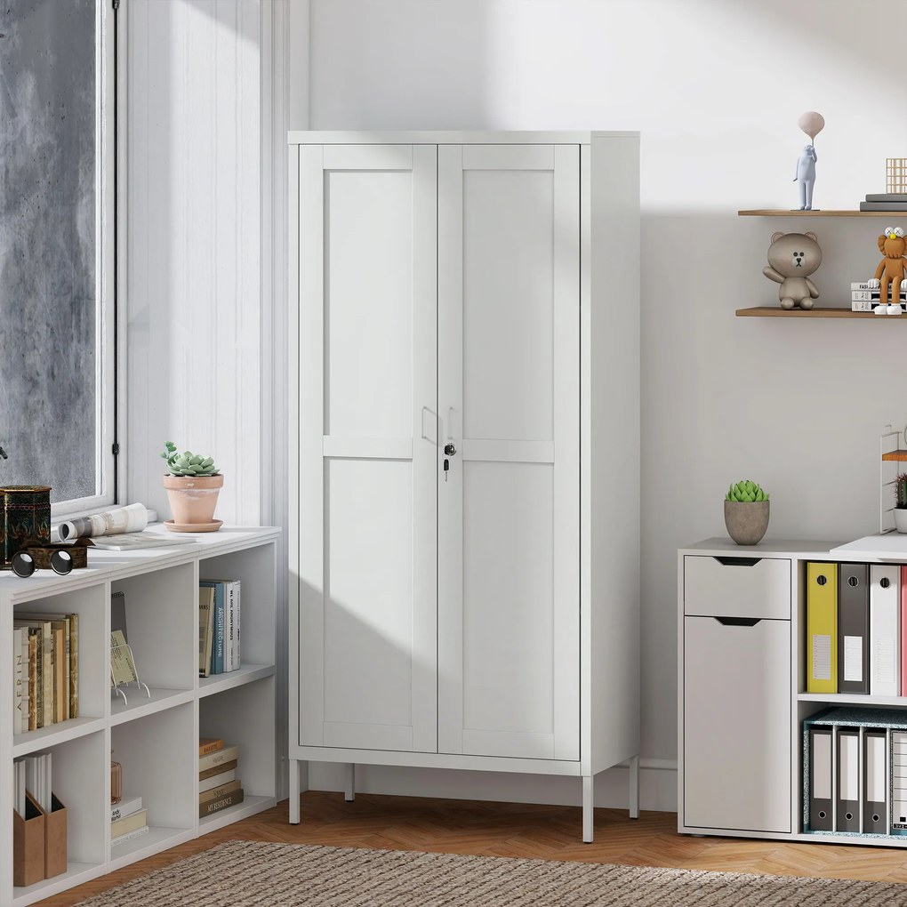 HOMCOM Dulap pentru Birou în Oțel cu 3 Rafturi Reglabile cu Serratură și 2 Chei, 80x40x175 cm, Alb | Aosom Romania