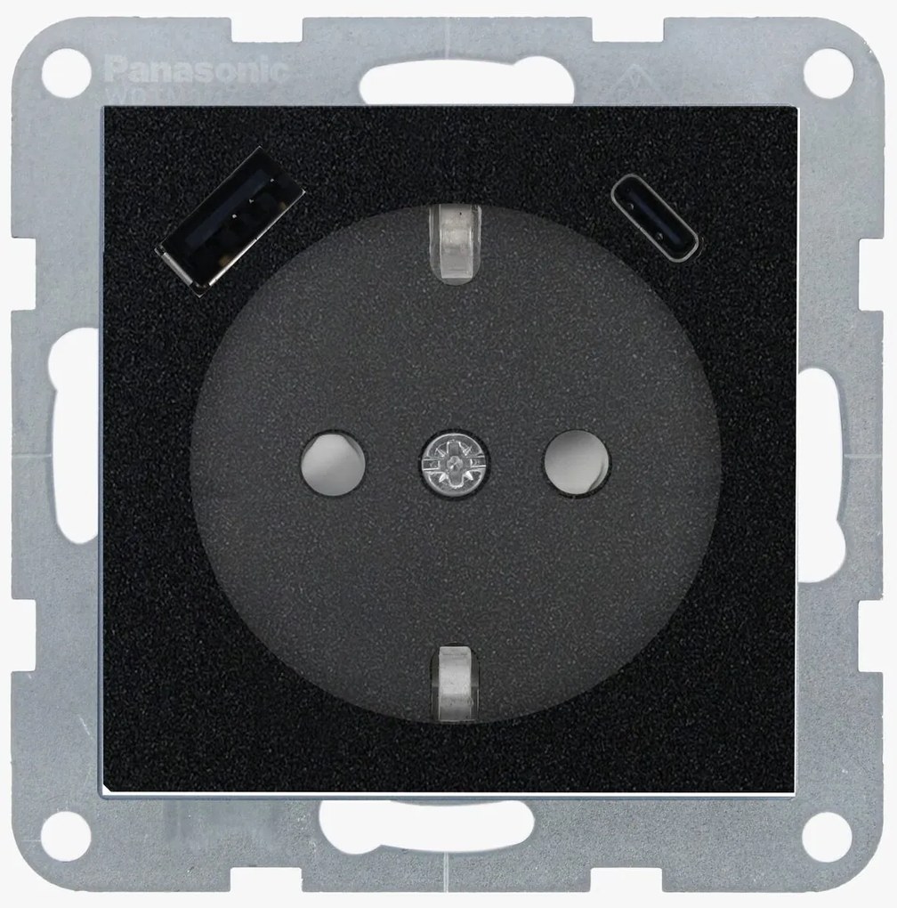Priza simpla cu impamantare, protectie copii, USB A+C, 16A, IP20, Negru, Panasonic Karre Plus 55