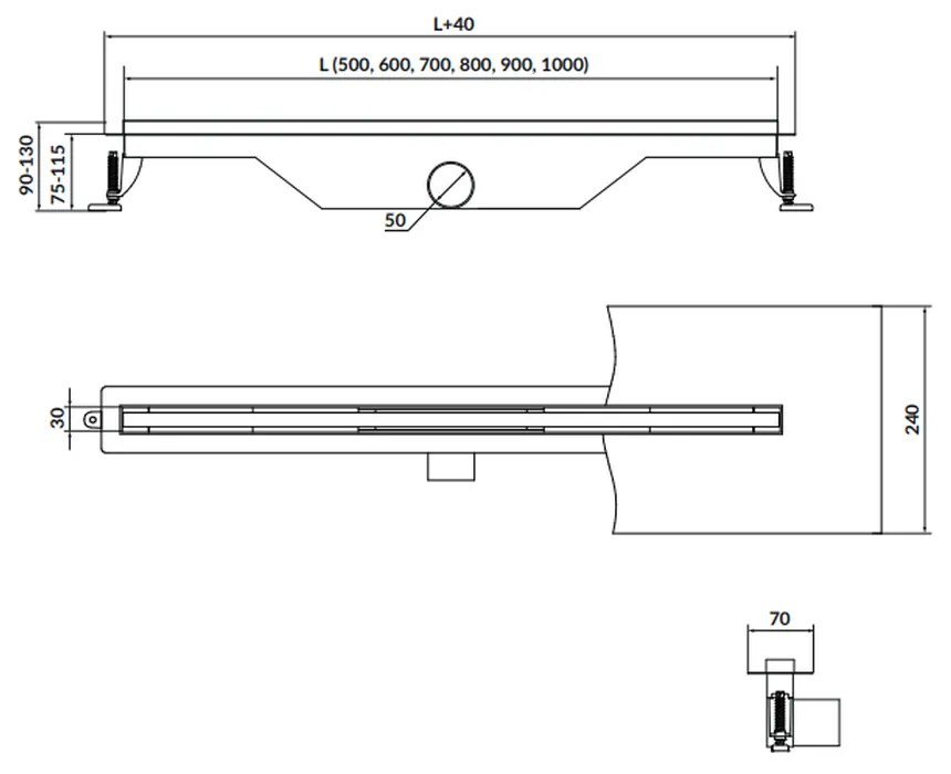 Rigola dus iesire laterala cu capac crom 700 mm Cersanit Tako Slim 700 mm