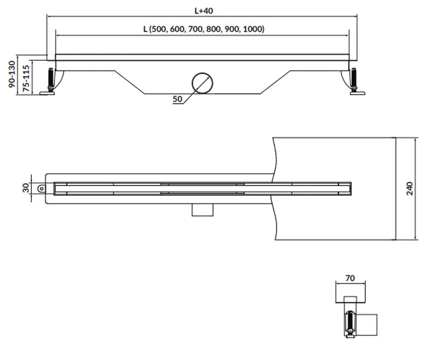 Set paravan dus walk-in 100x200 cm Cersanit Mille, rigola cu iesire laterala si capac crom plus coloana de dus crom