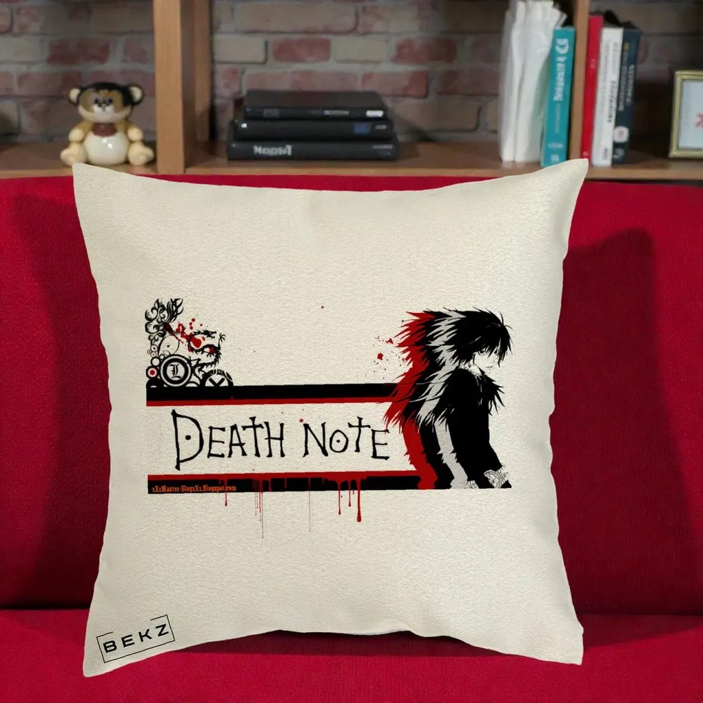 Perna Personalizata Death Note L Lawliet Rosu-Negru, 40x40 cm, Ecru, Husa Detasabila, Perna Inclusa, BEKZ®