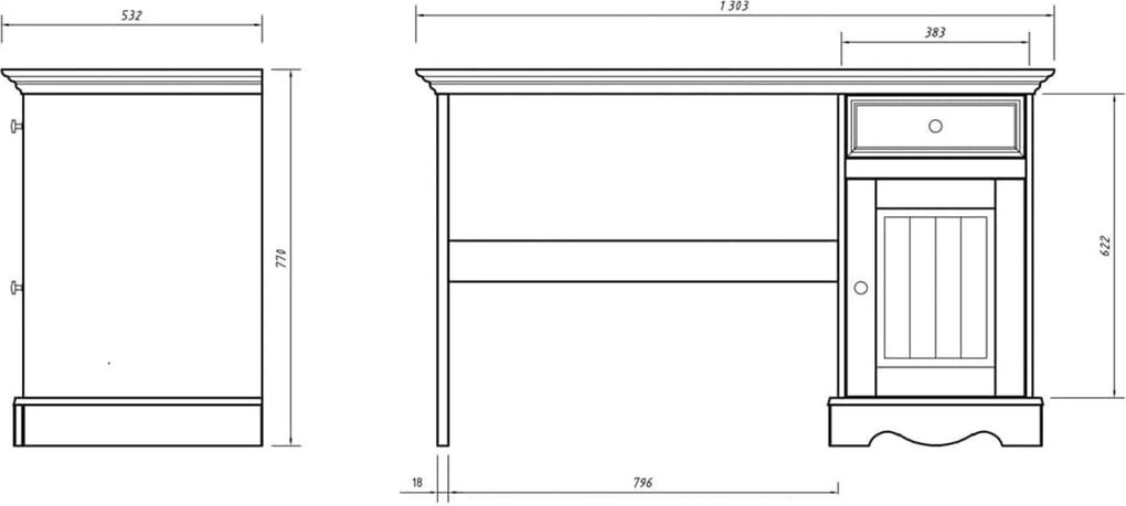 Birou lemn masiv alb-natur Linea, 130 × 53 × 77 cm